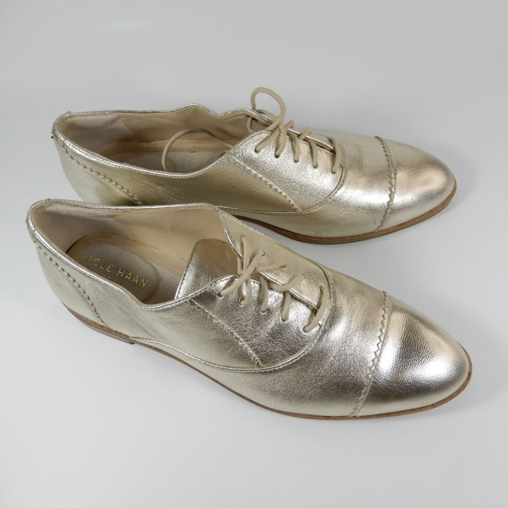 COLE HAAN The Go-to Arden Oxford Shoes Size 6.5 Soft Gold Metallic Leather NEW - Picture 11 of 12